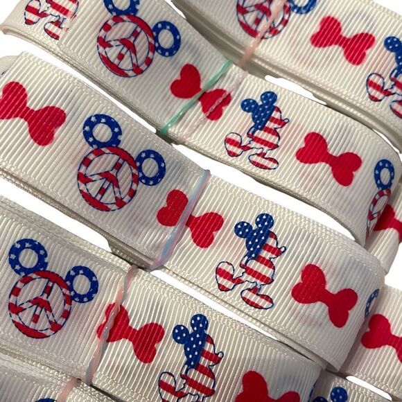 Grosgrain printed Ribbon 7/8” NEW 5 yards Mickey Mouse patriotic USA peace sign - Picture 1 of 5